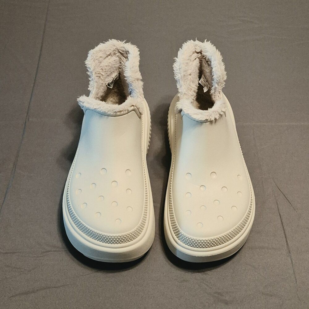 Crocs Stomp Shorty Boots Women Size 10 White Chunky Platform Faux Fur 210673